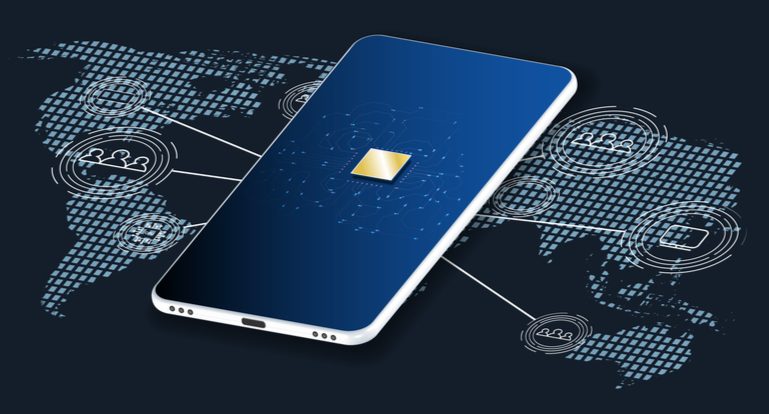 Symbolbild mit einem Smartphone und einer integrierten SIM-Karte, durch die das Handy mit der gesamten Welt vernetzt ist