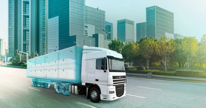 Ein LKW mit einer Kühltransporteinheit, einem eingebauten Überwachungsgerät zur Übermittelung von Echtzeitdaten zur Temperatur und dem Zustand der Fracht.