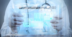 Double exposure of Medicine doctor hand working with modern computer interface as medical concept