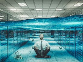 smiling man sitting on the floor of a flooded server center