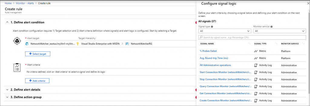 Setting an alert condition on Azure Network Watcher
