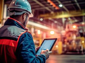 A man in a modern factory with a tablet in his hands.