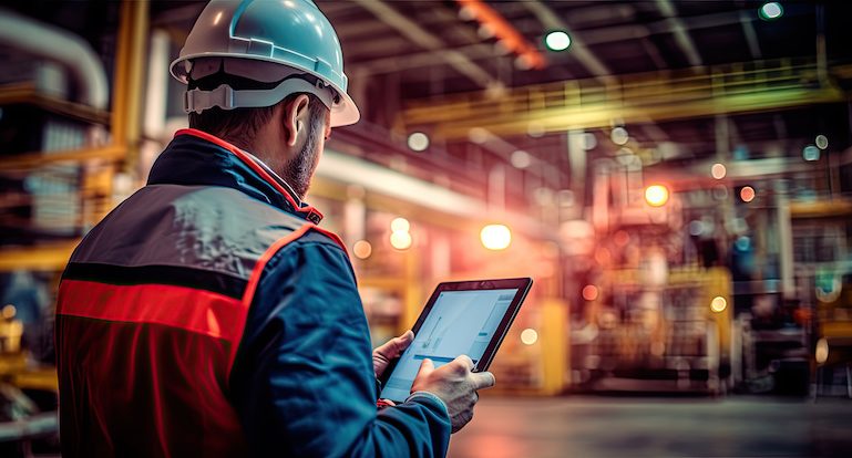 A man in a modern factory with a tablet in his hands.
