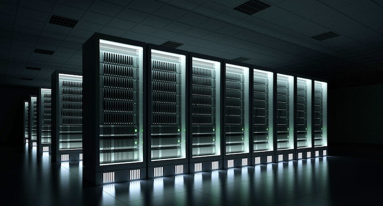 Data center dark with glowing servers 3d rendering