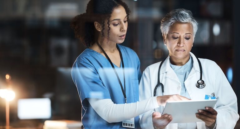 Doctors, nurse and digital tablet for night teamwork