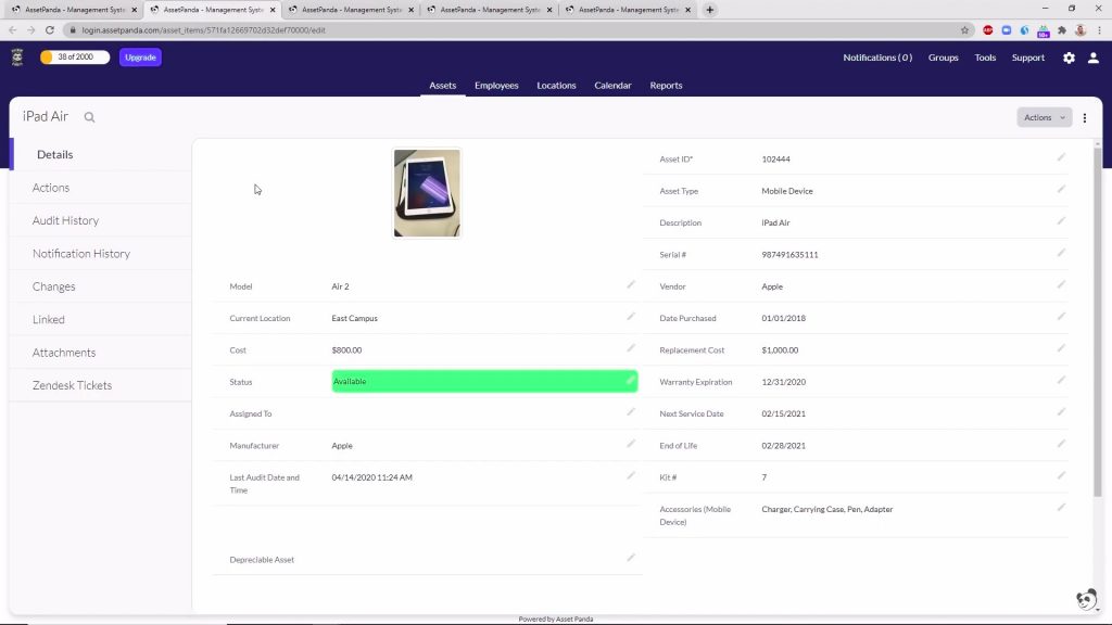 Detalles de los activos en AssetPanda