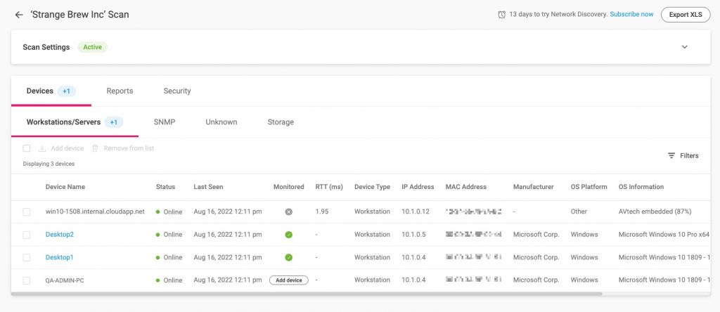 Resultados de una comprobación de dispositivos en Atera.