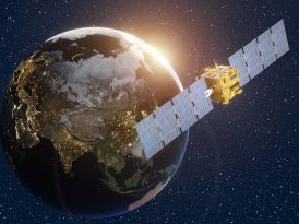 Satellite orbiting around the Earth on starry night background. Illustration of the concept of mobile satellite Internet and space telecommunication technology