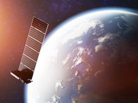 Internet starlink satellite in space near Earth.
