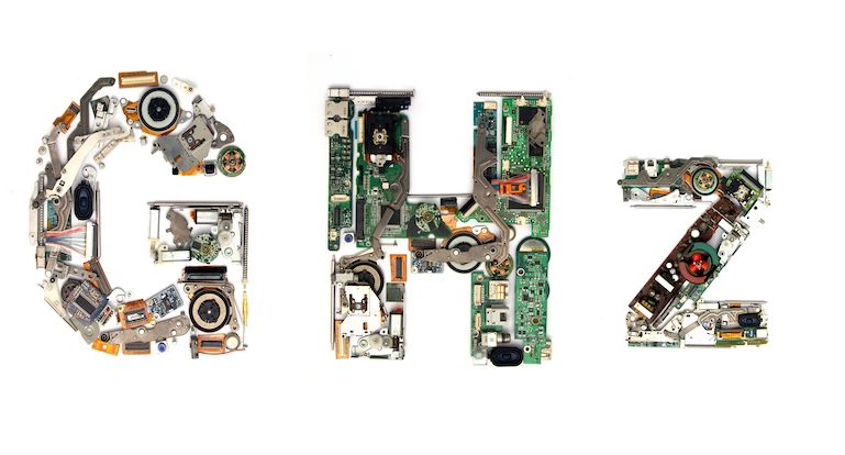 The word GHz made  with letters that are made of computer parts