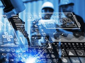 Digital future manufacture concept, Industrial Engineer working with automation robot arms machine on real time monitoring system software