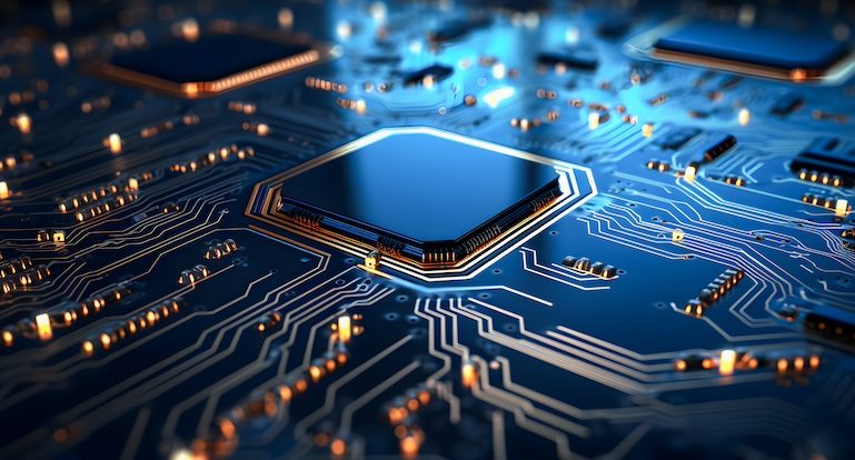 a microchip on a motherboard, futuristic concept of a new processor technology