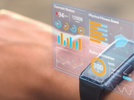 Futuristic hologram infographic display on smartwatch, 3d rendering medical data user interface screen app on hi-tech watch, heart rate SpO2 scanning and physical health condition UI technology