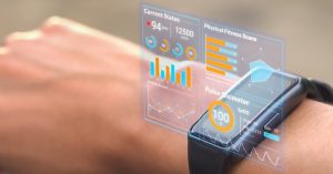 Futuristic hologram infographic display on smartwatch, 3d rendering medical data user interface screen app on hi-tech watch, heart rate SpO2 scanning and physical health condition UI technology