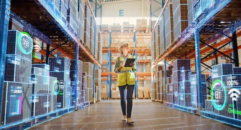 Retail Warehouse: Worker Doing Inventory Walks when Digitalization Process Analyzes