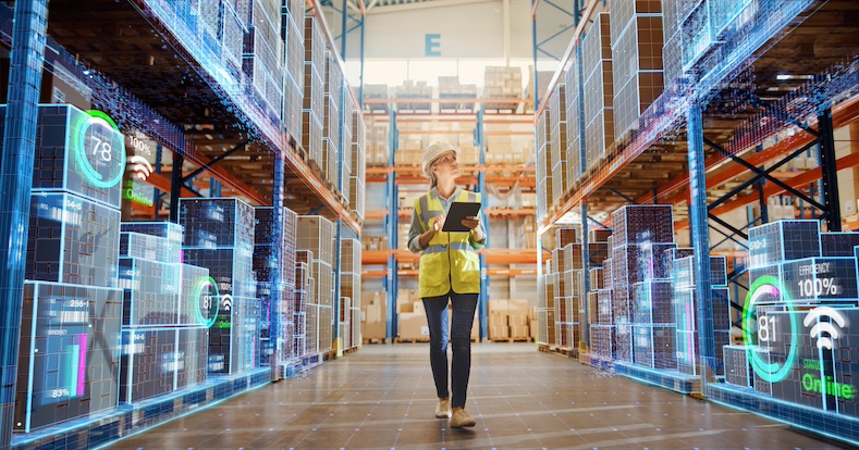 Retail Warehouse: Worker Doing Inventory Walks when Digitalization Process Analyzes