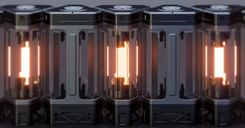 Sci-fi energy power device. Futuristic military battery. 3d render