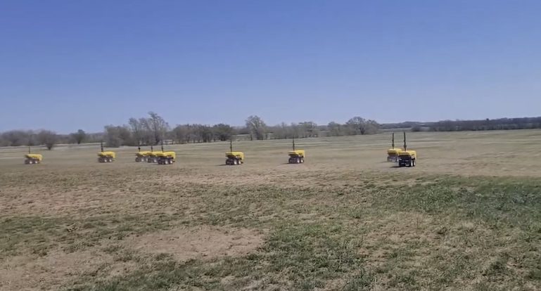 10 robots. Testing. One person monitoring. We plan to do this across about 6000 no-till acres this year.