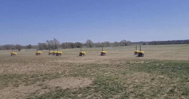 10 robots. Testing. One person monitoring. We plan to do this across about 6000 no-till acres this year.