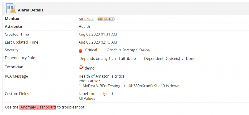 Alarm details on ManageEngine Applications Manager