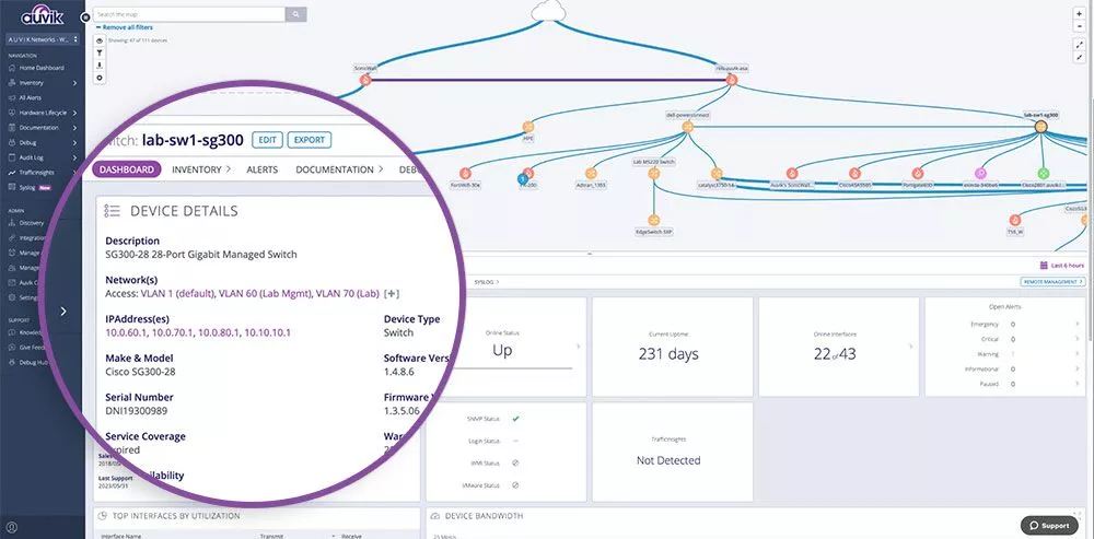 Detalhes do dispositivo de rede no Auvik.
