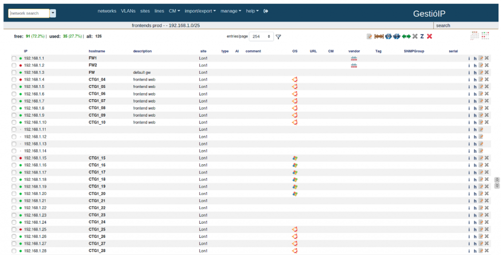 Visualização da lista de hosts no GestióIP.