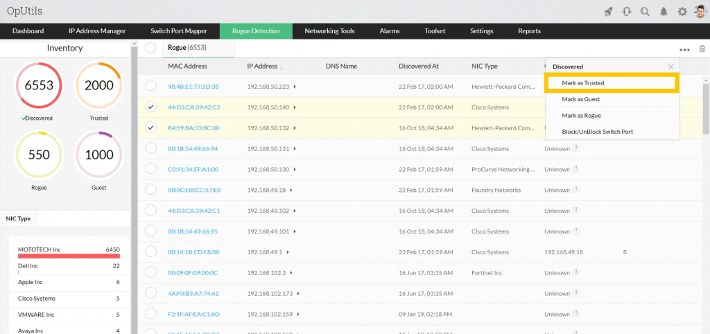 Detecção de dispositivo não autorizado no ManageEngine OpUtils.