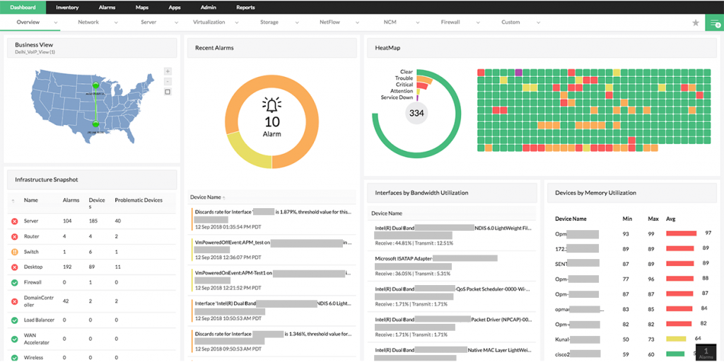 Dashboard do ManageEngine OpManager.