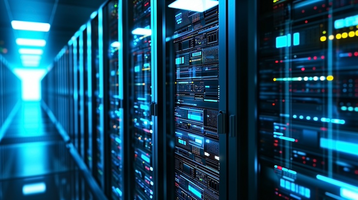 Server room at a data center with a futuristic vibe.