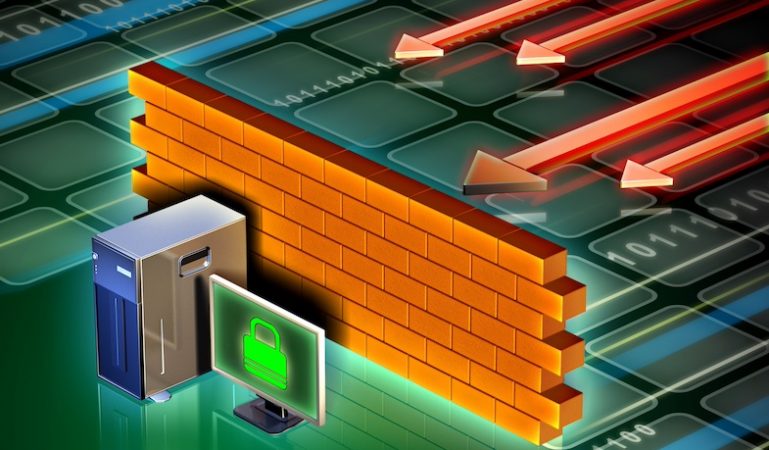 Personal computer protected from external attacks by a brick wall.