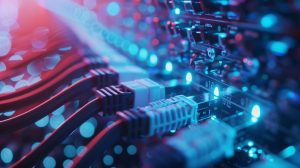 Close-up of network cables with a fiber optical background