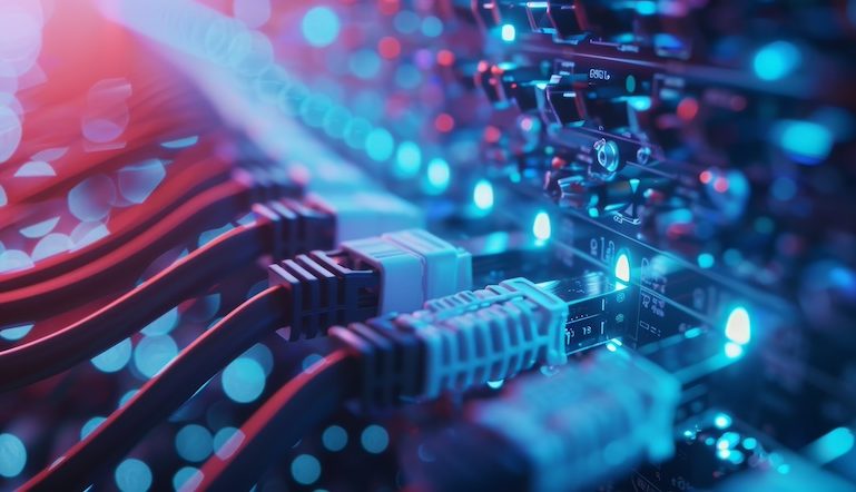 Close-up of network cables with a fiber optical background