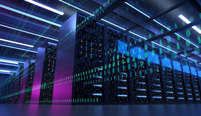 Working Data Center Full of Rack Servers and Supercomputers, Modern Telecommunications, Artificial Intelligence, Supercomputer Technology Concept.