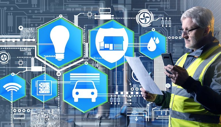 Man with smartphone. Integration technology smart applications