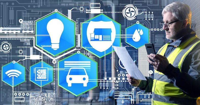 Man with smartphone. Integration technology smart applications