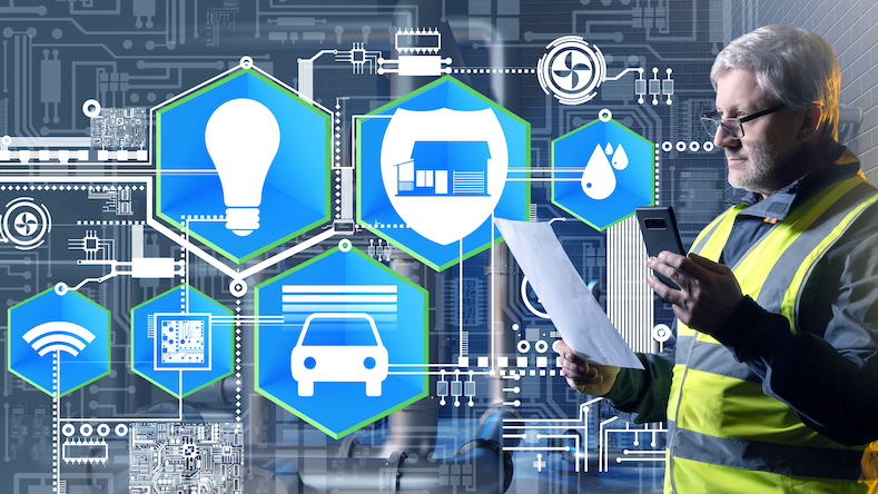 Man with smartphone. Integration technology smart applications