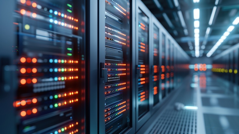 Modern data center with rows of server racks, illuminated lights, advanced technology, high-speed connectivity, cloud computing infrastructure.