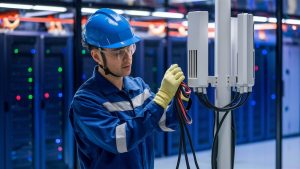 Maintenance worker inspecting cables at a private 5G base station