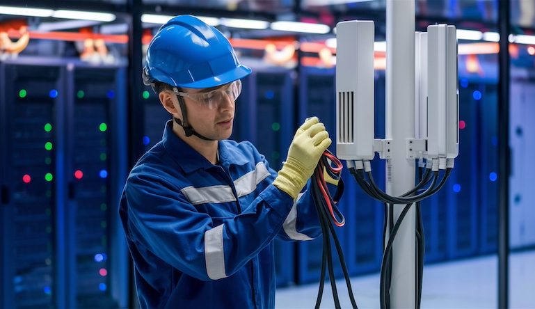 Maintenance worker inspecting cables at a private 5G base station