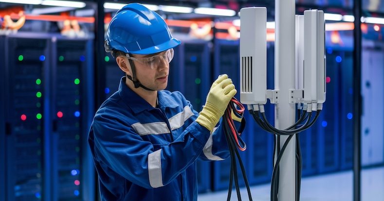 Maintenance worker inspecting cables at a private 5G base station