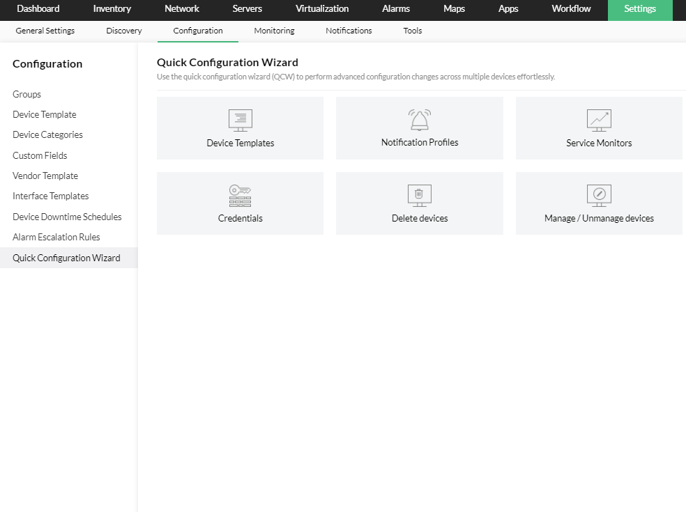 The Quick Configuration Wizard helps users get started with OpManager.