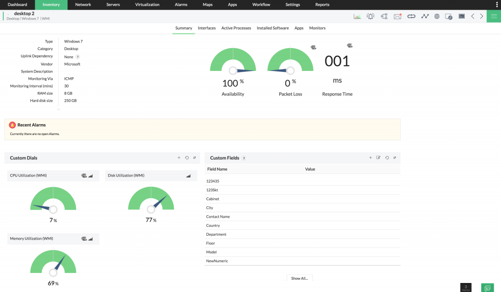 OpManager Dashboards can include custom fields and widgets, as shown in the image above.